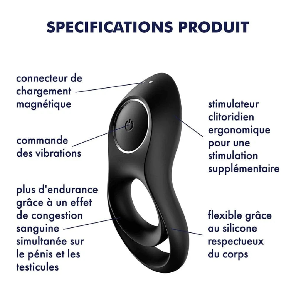 Anneau pénien noir vibrant en silicone, double serrage, stimulation clitoridienne, 12 programmes, étanche, rechargeable.