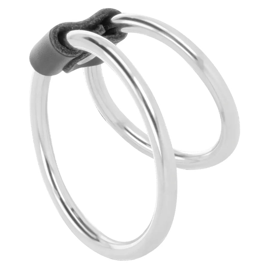 Anneau pénien double en métal argenté, sans nickel, avec connecteur noir, pour érection prolongée et confort optimal.