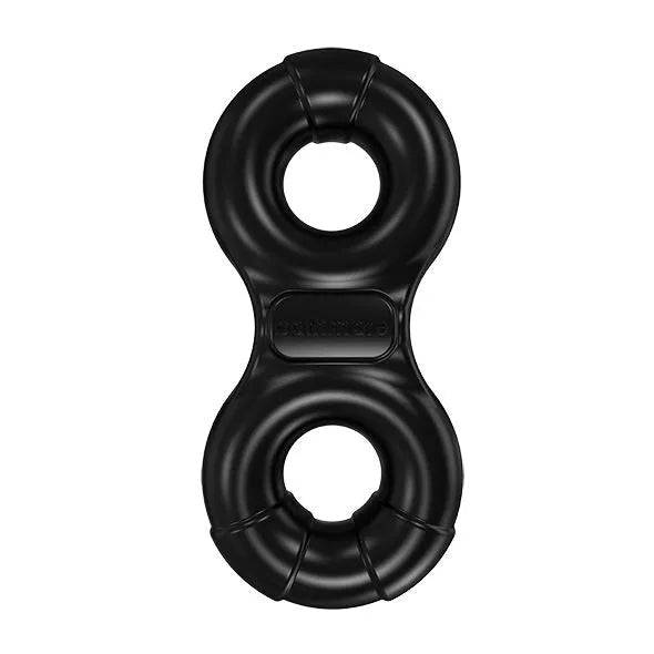 Cockring noir en Elastomex, forme ergonomique, deux anneaux, rechargeable, pour pénis et testicules, vibrations puissantes.