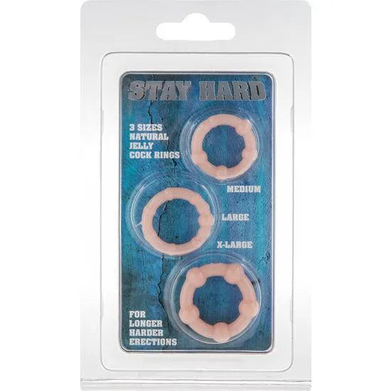Anneaux péniens silicone ajustables, trois tailles, couleur chair, pour prolongation érection et confort optimal.