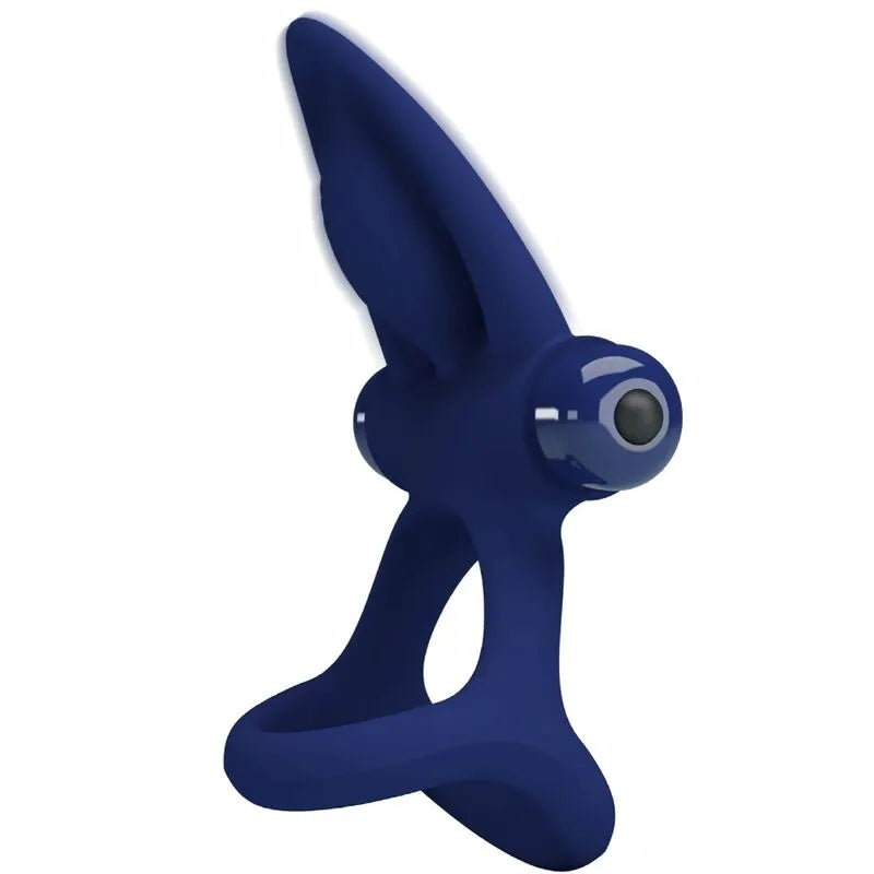 Anneau pénien bleu silicone vibrant, forme dauphin, stimulateurs clitoridiens, poils chatouillants, 10 modes.