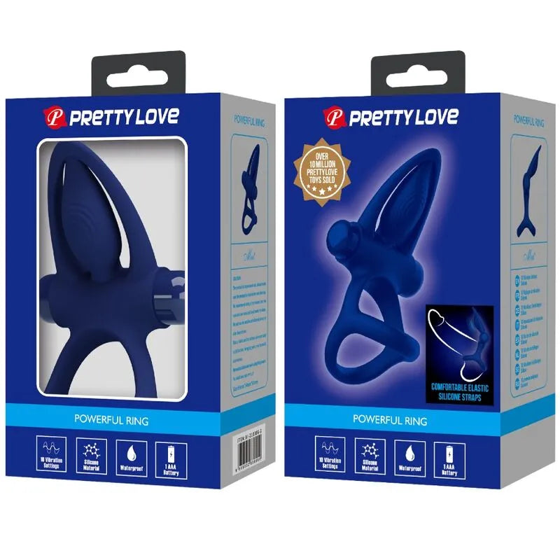 Anneau pénien bleu silicone vibrant, forme dauphin, stimulateurs clitoridiens, emballage moderne, couples.