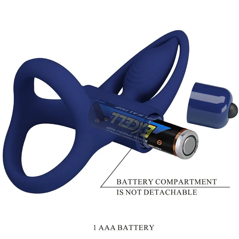 Anneau pénien silicone bleu vibrant avec stimulateur clitoridien nez dauphin, batterie AAA visible, design ergonomique.