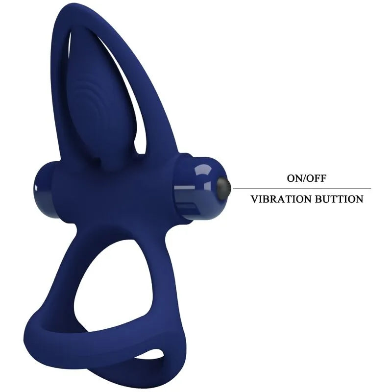 Anneau pénien silicone bleu vibrant, forme dauphin, stimulateurs clitoridiens, ajustable, 10 modes, couples.
