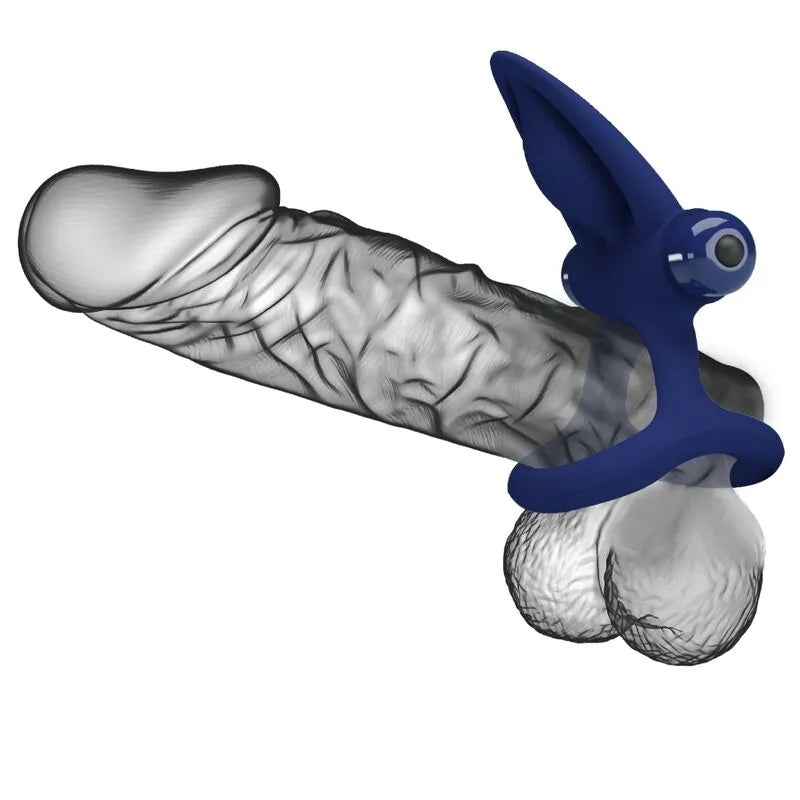Anneau pénien silicone bleu vibrant, forme dauphin, stimulateurs clitoridiens, ajustable, pour couples.