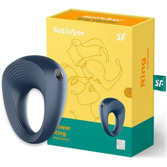 Cockring bleu vibrant en silicone médical, étanche, avec 10 modes de vibration, sur fond de boîte jaune.