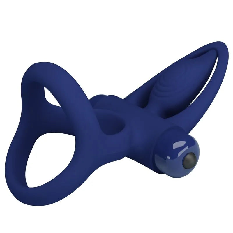 Anneau pénien silicone bleu vibrant, forme ajustable, stimulateur clitoridien nez dauphin, poils chatouillants.