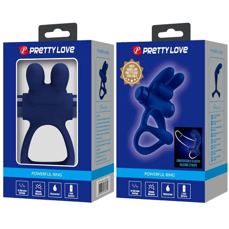 Anneau pénien silicone bleu, vibrations silencieuses, ergonomique, extensible, emballage compostable, pile AAA.