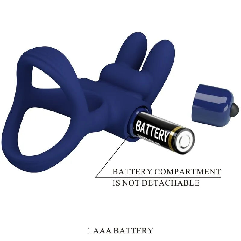 Anneau pénien silicone bleu, vibrations silencieuses, forme ergonomique, pile AAA, emballage compostable.