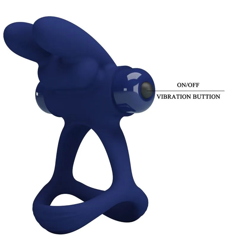 Anneau pénien silicone bleu vibrant, ergonomique, avec bouton on/off, design moderne et confortable.