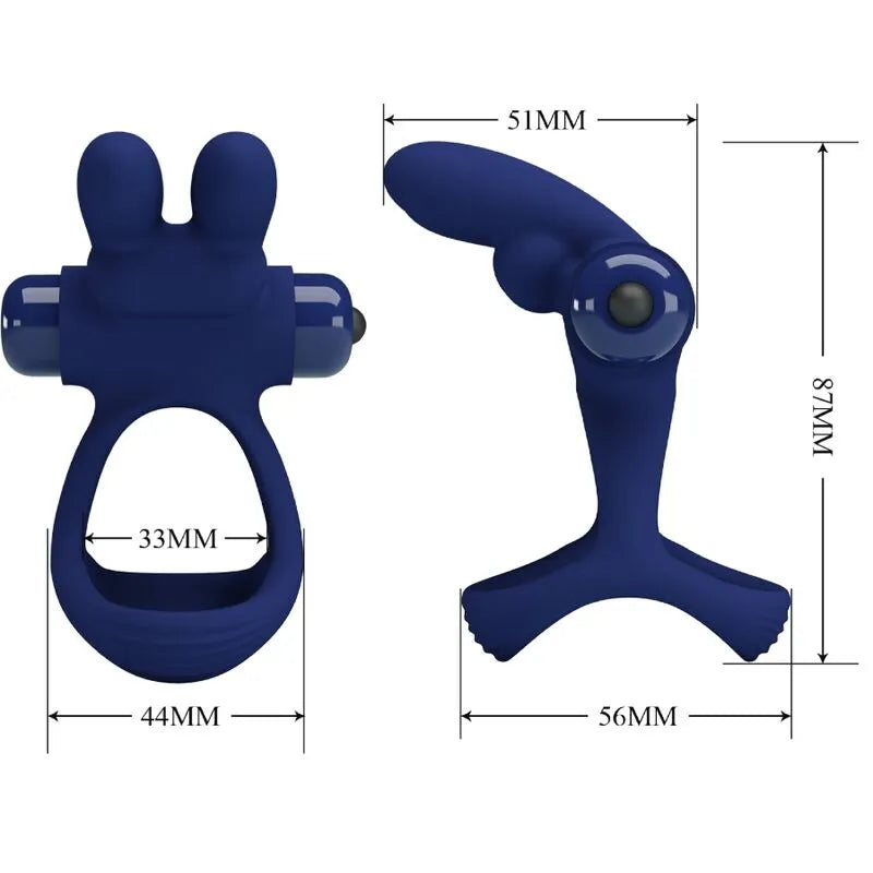 Anneau pénien silicone bleu, vibrations silencieuses, ergonomique, dimensions visibles, pile AAA, emballage durable.