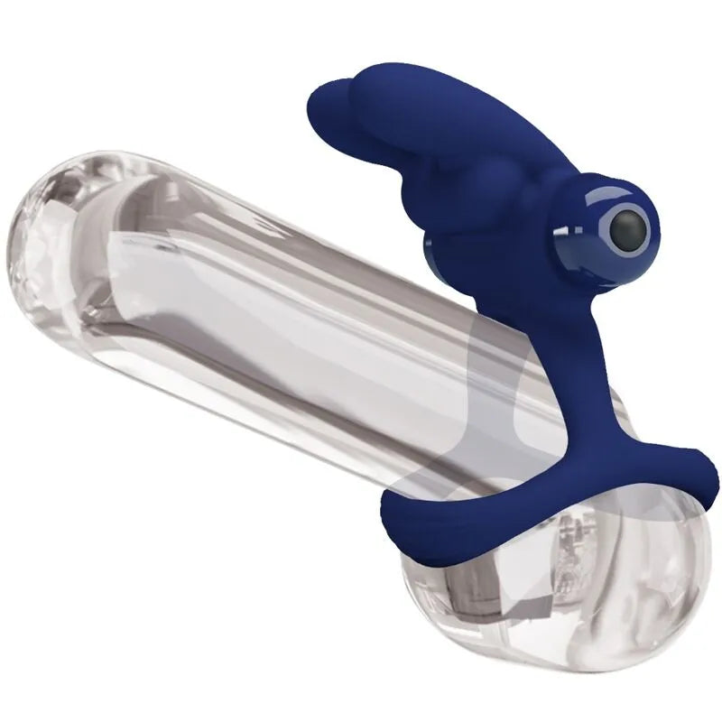 Anneau pénien silicone bleu, vibrations silencieuses, extensible, ergonomique, pile AAA, hypoallergénique, emballage durable.