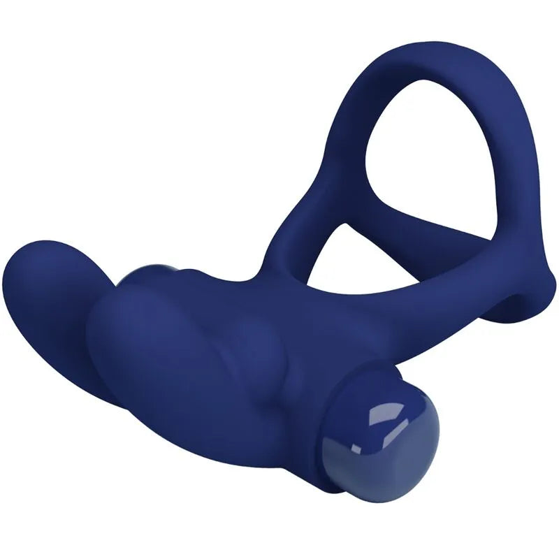 Anneau pénien silicone bleu, vibrations silencieuses, forme ergonomique, extensible, pile AAA, emballage compostable.
