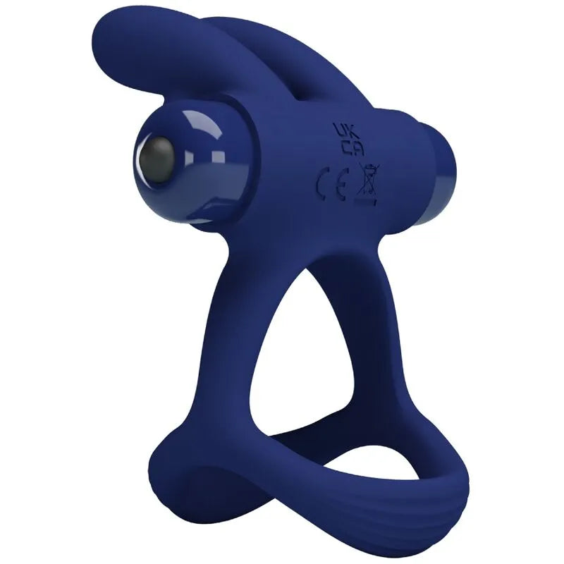 Anneau pénien bleu en silicone avec vibrations silencieuses, forme ergonomique, détails lisses, pile AAA visible.