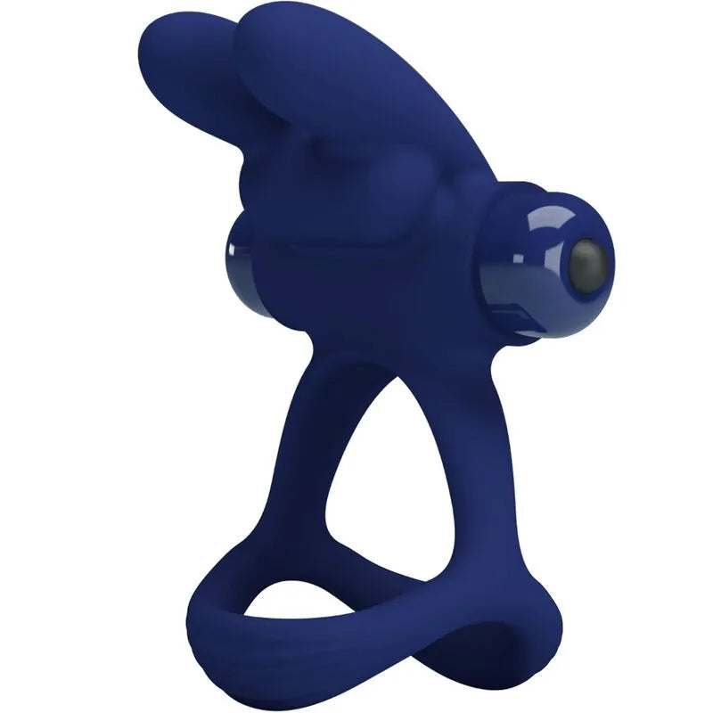 Anneau pénien bleu en silicone avec vibrations, forme ergonomique, extensible, alimenté par pile AAA, hypoallergénique.