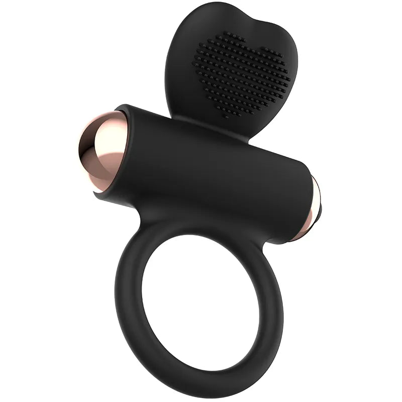 Anneau pénien silicone noir avec stimulateur clitoridien en cœur, design ergonomique et élégant, puissant et discret.