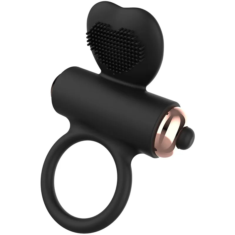 Anneau pénien noir silicone avec stimulateur clitoridien cœur vibrant, ergonomique, extensible et hypoallergénique.