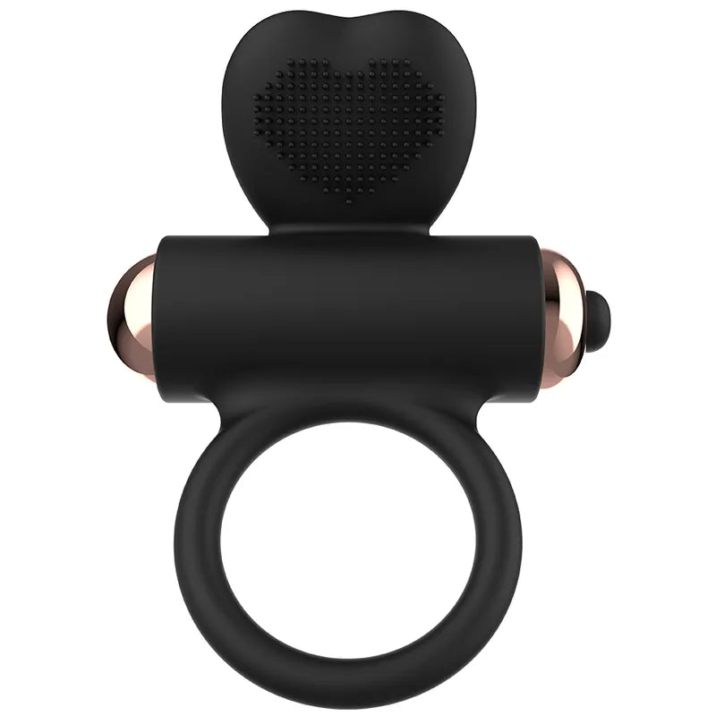 Anneau pénien noir silicone avec stimulateur clitoridien cœur vibrant, ergonomique et extensible, design élégant.