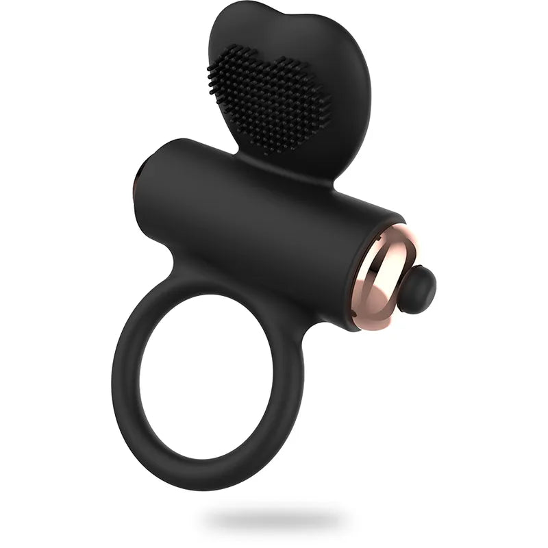 Anneau pénien noir silicone avec stimulateur clitoridien cœur vibrant, ergonomique, extensible et hypoallergénique.