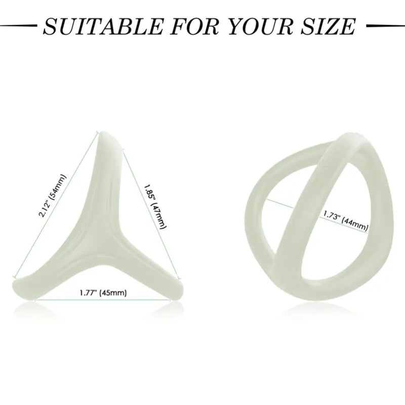 Anneau pénien silicone ergonomique triple blanc, extensible, hypoallergénique, pour confort et endurance optimale.