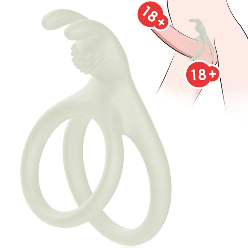 Anneau pénien double silicone blanc, oreilles lapin flexibles, stimulateur clitoridien, ergonomique pour plaisir prolongé.
