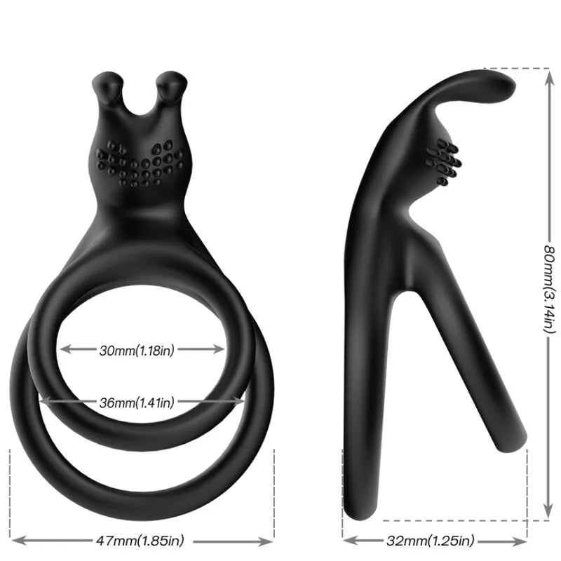 Anneau pénien double noir en silicone médical avec oreilles de lapin, stimulateur clitoridien ergonomique pour plaisir pro...