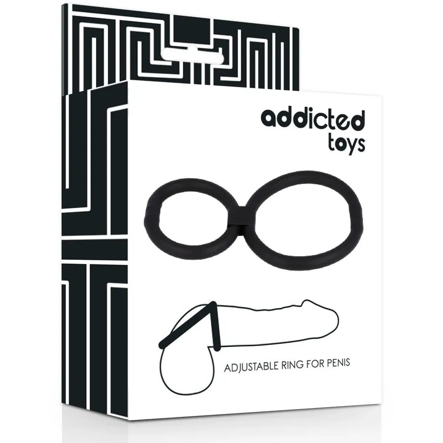 Cockring silicone noir ergonomique, flexible et ajustable, sur fond blanc avec emballage moderne.