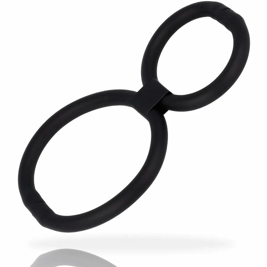 Cockring silicone noir, forme ergonomique, double anneau, stimulation clitoridienne, flexible, durable, étanche.