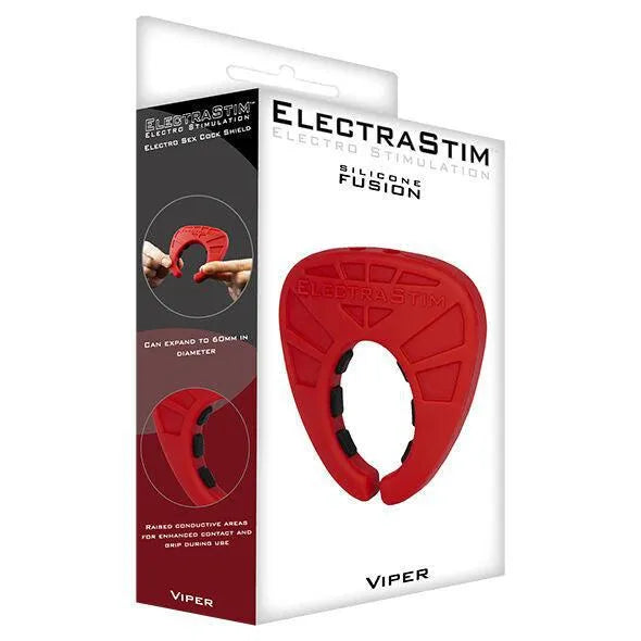 Anneau silicone rouge et noir, ovale, flexible, pour électrostimulation intime, sur emballage blanc avec détails produit.