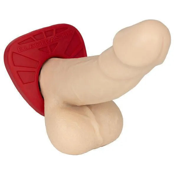Anneau silicone rouge noir électrostimulation, forme ovale, ergonomique, pour expérience intime confortable et stimulante.