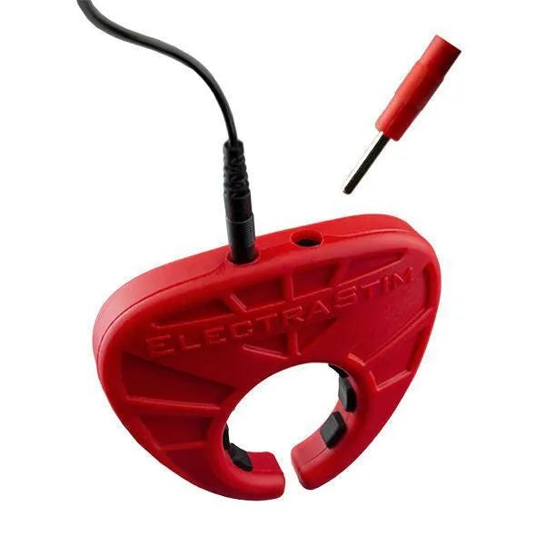 Anneau silicone rouge noir ovale pour électrostimulation, ergonomique, conducteur, avec câble connecté.