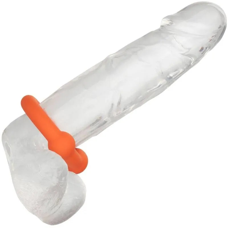 Anneau pénien silicone liquide orange, double boule, ultra-élastique, sur support transparent, stimulation accrue.