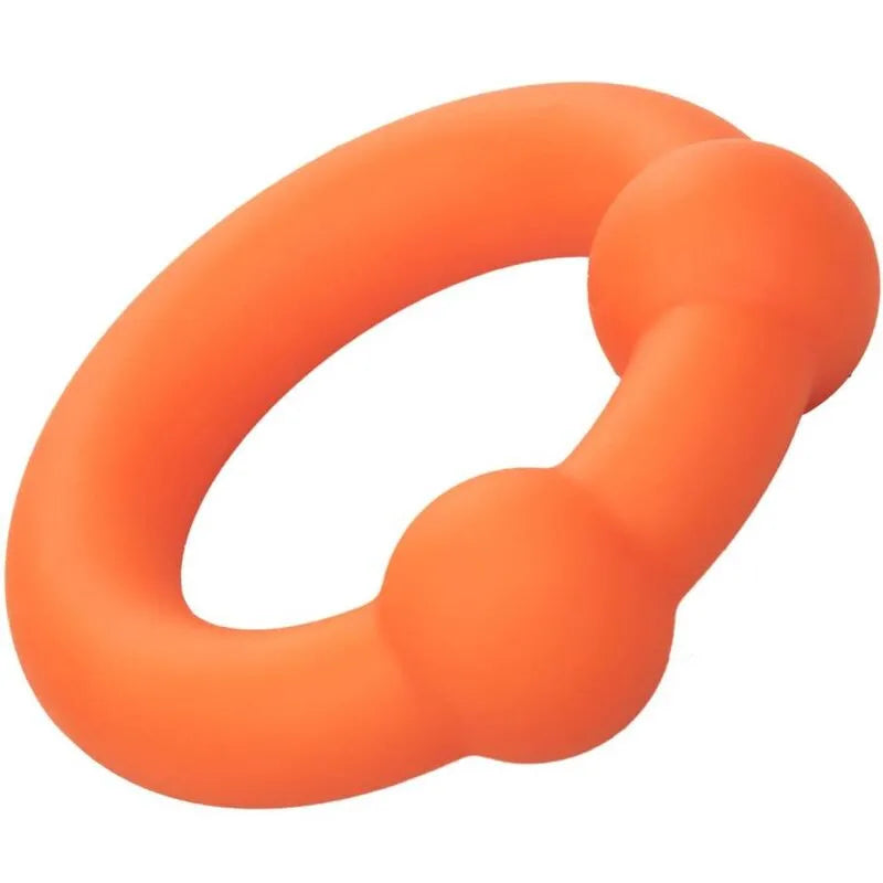 Anneau pénien orange en silicone liquide avec double boule, ultra-élastique, texture lisse pour stimulation accrue.