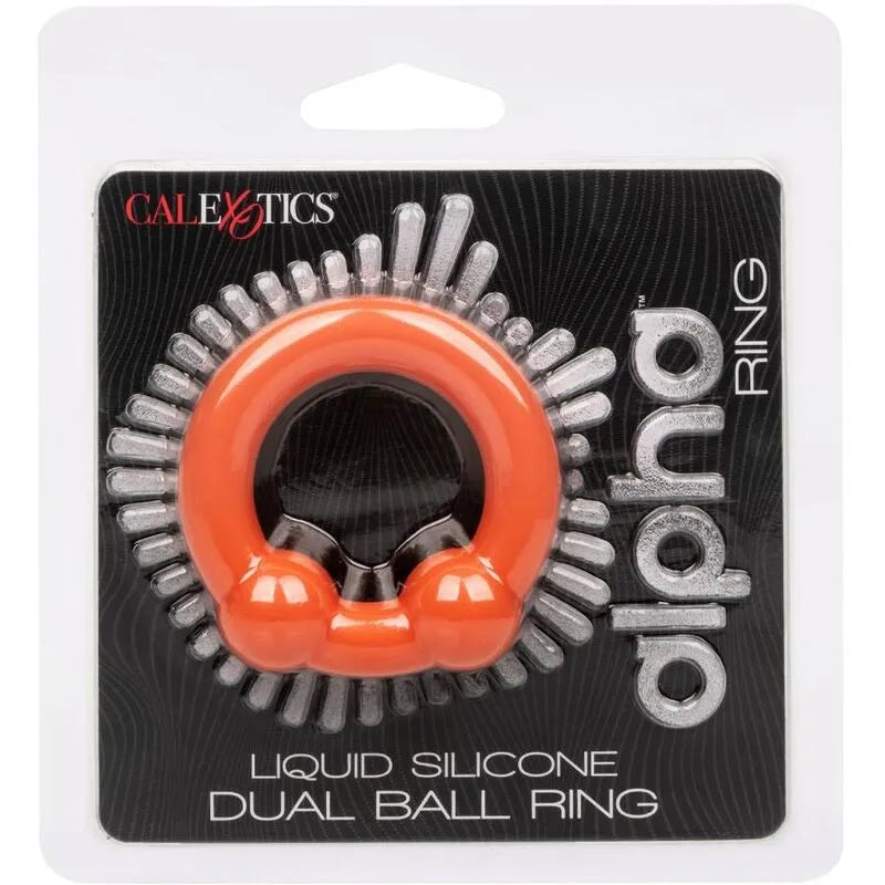 Anneau pénien silicone liquide orange double boule, texture lisse, emballage noir, stimulation et confort optimisés.