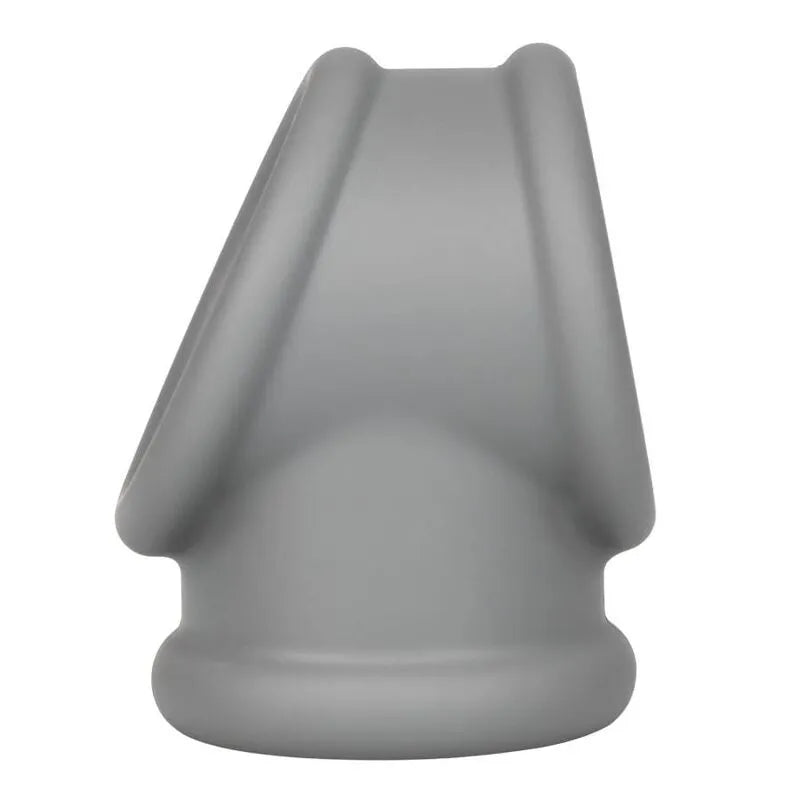 Anneau pénien gris en silicone liquide, double soutien scrotum, design lisse et extensible pour endurance et confort.
