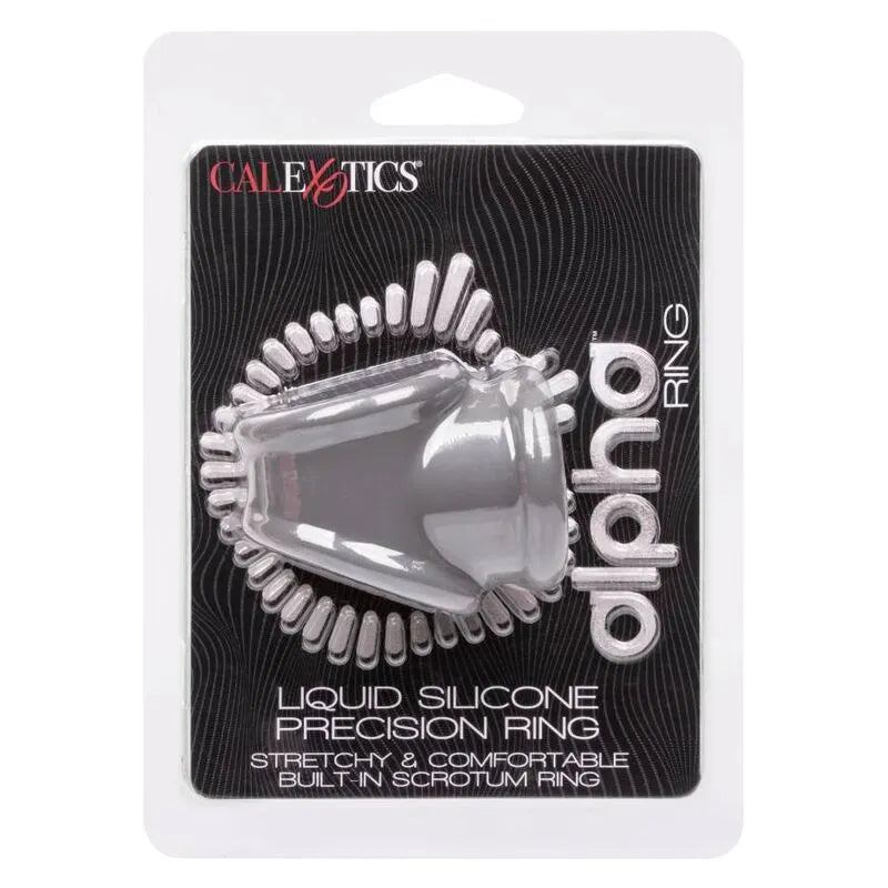 Anneau pénien silicone liquide gris, double soutien scrotum, extensible, emballage noir, performance et confort optimisés.