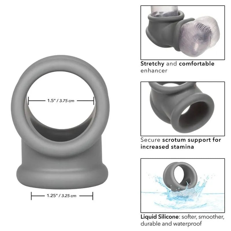 Anneau pénien gris en silicone liquide, double soutien scrotum, extensible, imperméable, pour endurance et confort optimal.