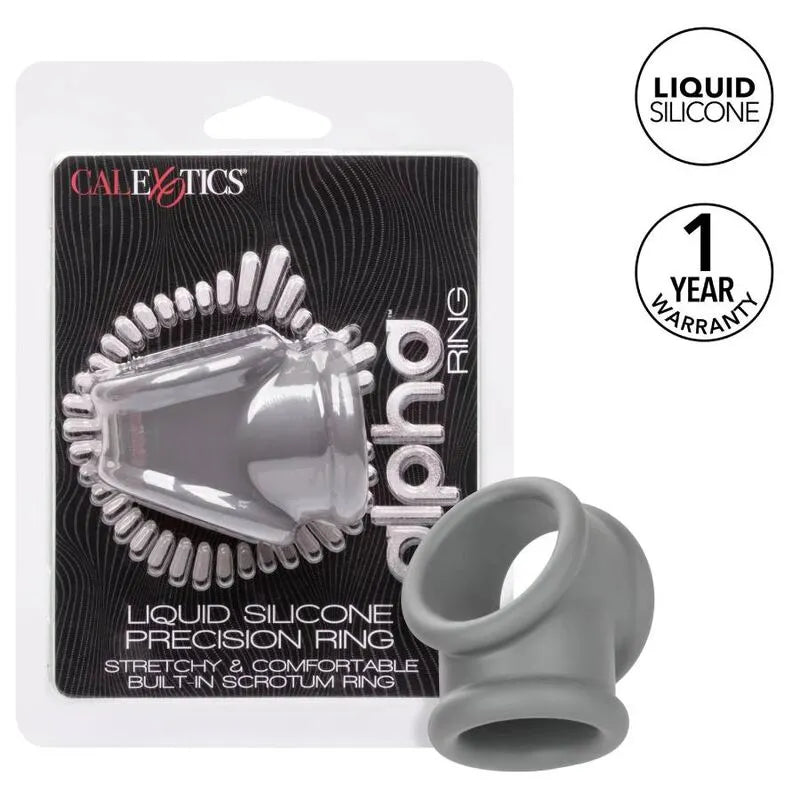 Anneau pénien en silicone liquide gris, double soutien scrotum, extensible, performant, durable, emballage visible.
