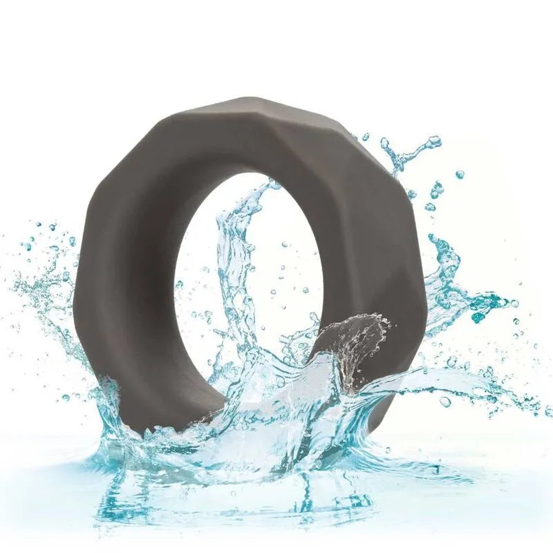 Anneau pénien silicone liquide gris, extensible, sans couture, imperméable, éclaboussé d'eau pour performance intime.
