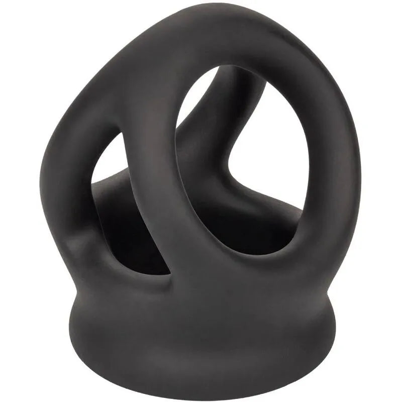 Anneau pénien noir en silicone liquide ultra-élastique, design ergonomique sans couture, pour confort et endurance.