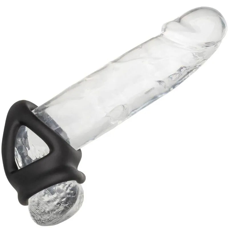 Anneau pénien noir en silicone liquide ultra-élastique, design ergonomique, sur modèle transparent pour endurance prolongée.