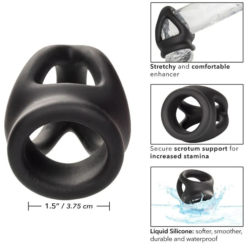 Anneau pénien noir en silicone liquide ultra-élastique, ergonomique, imperméable, pour endurance et confort prolongés.