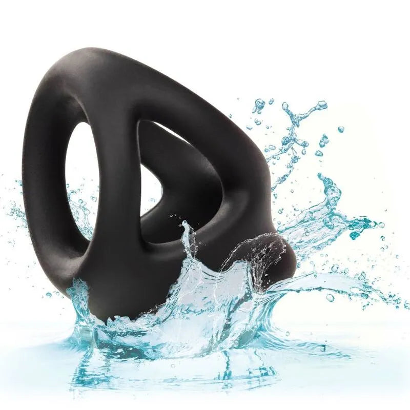 Anneau pénien noir en silicone liquide, ultra-élastique, ergonomique, résistant à l'eau, pour endurance et confort optimal.