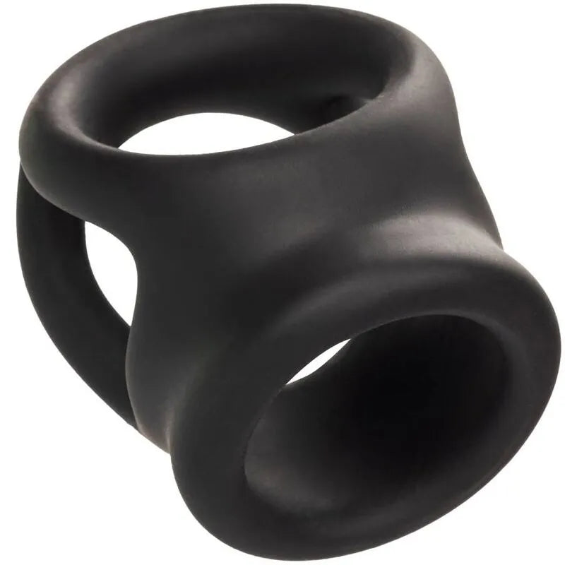 Anneau pénien noir en silicone liquide, ultra-élastique et ergonomique, pour confort et endurance prolongée.
