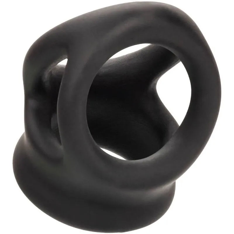 Anneau pénien noir en silicone liquide ultra-élastique, design ergonomique et sans couture pour confort et endurance.