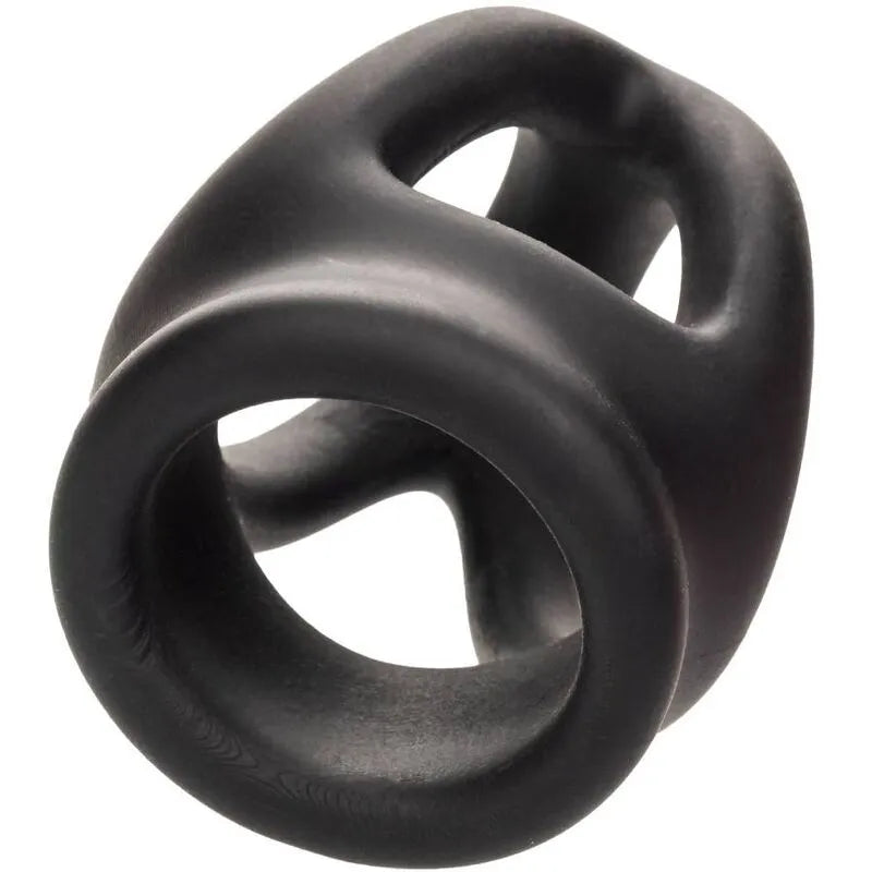 Anneau pénien noir en silicone liquide ultra-élastique, design ergonomique sans couture pour confort et endurance.