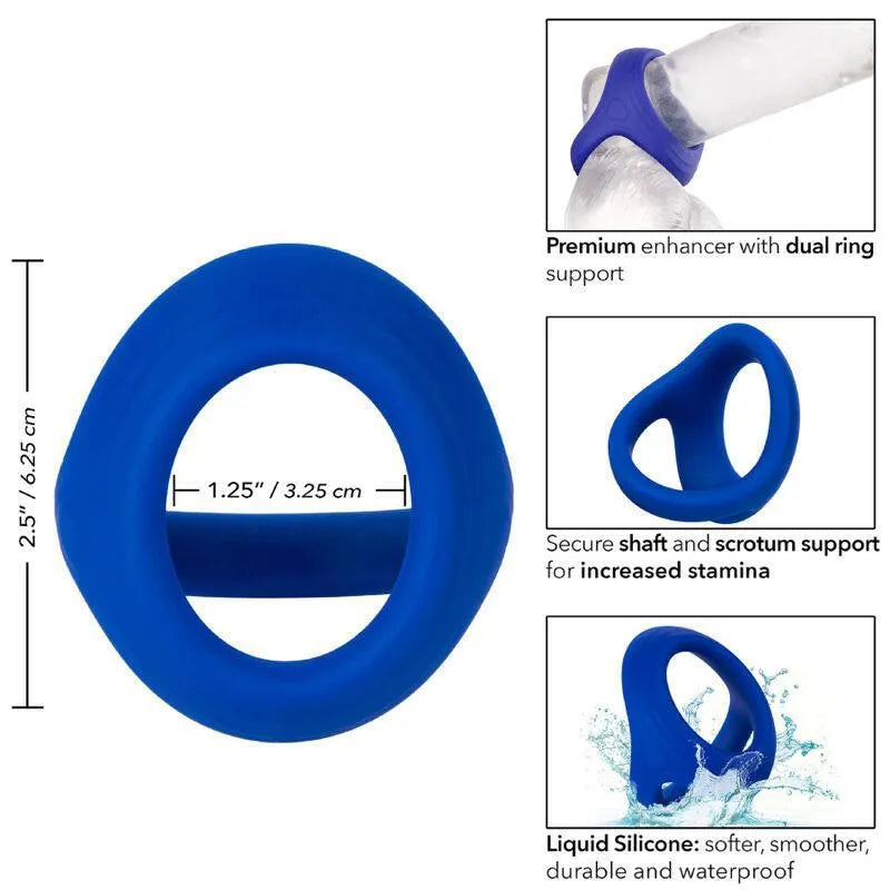 Anneau double en silicone liquide bleu, flexible et élastique, pour soutien et stimulation, imperméable et durable.
