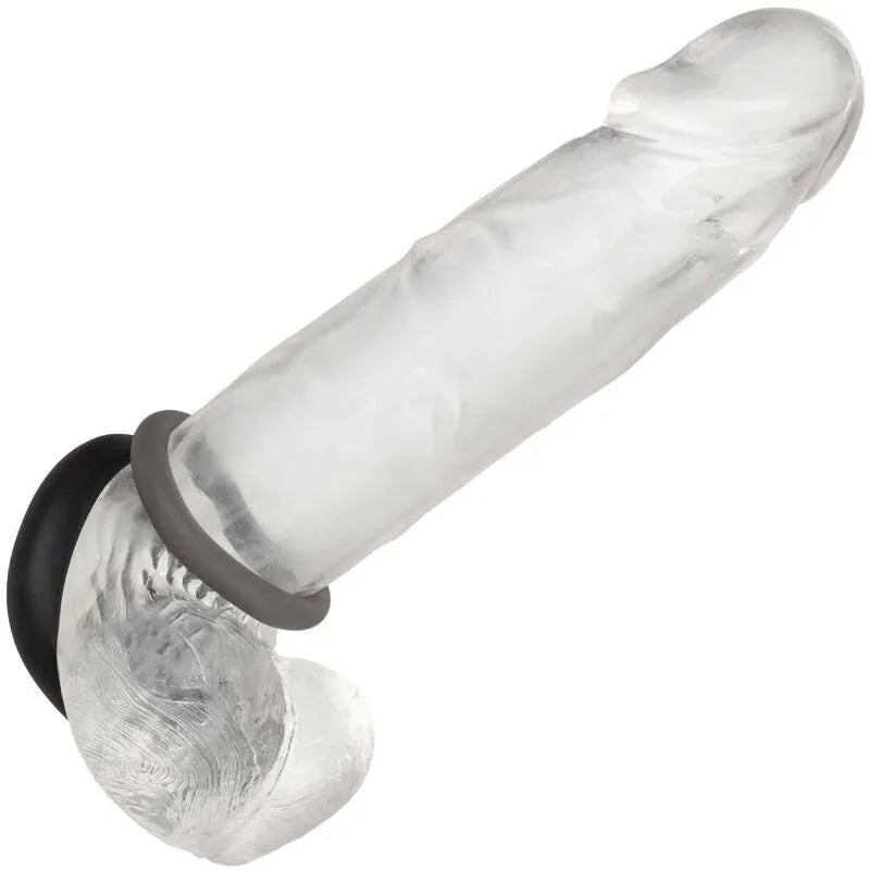 Anneaux péniens silicone liquide, deux tailles, gris et noir, sur support transparent, confortables et durables pour érect...
