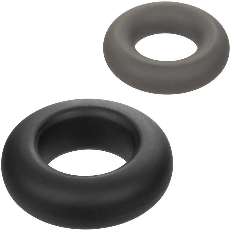 Anneaux péniens en silicone liquide noir et gris, sans couture, élastiques et doux, pour confort et maintien durable.