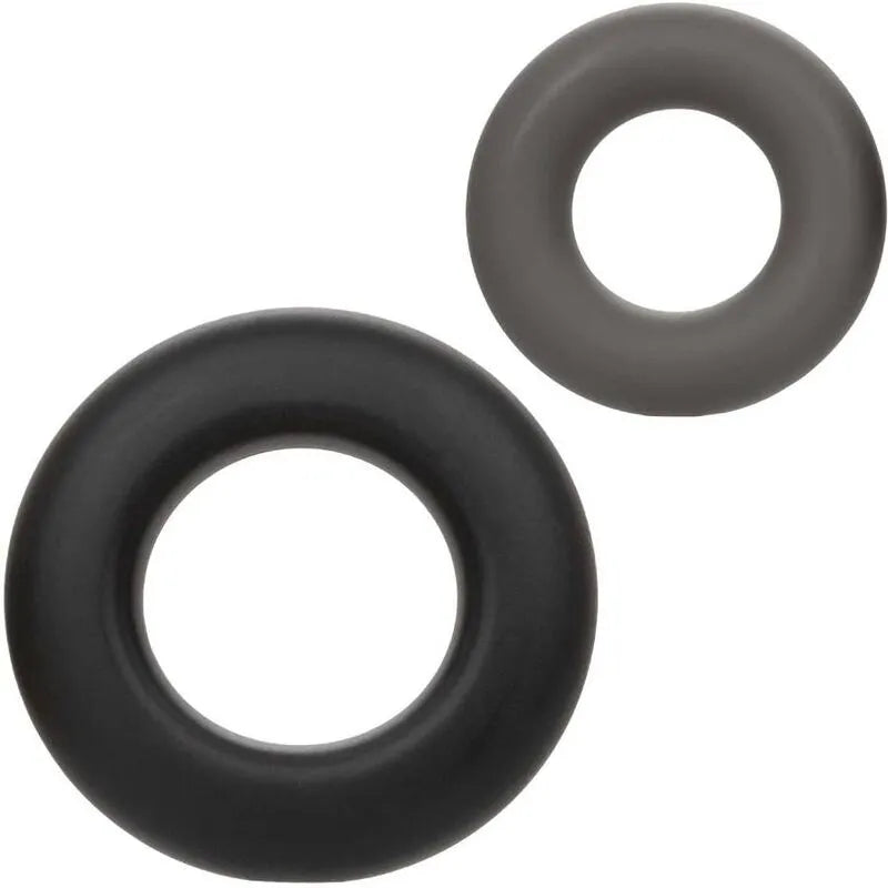 Anneaux péniens en silicone liquide noir et gris, deux tailles, design sans couture, doux et élastiques pour confort optimal.